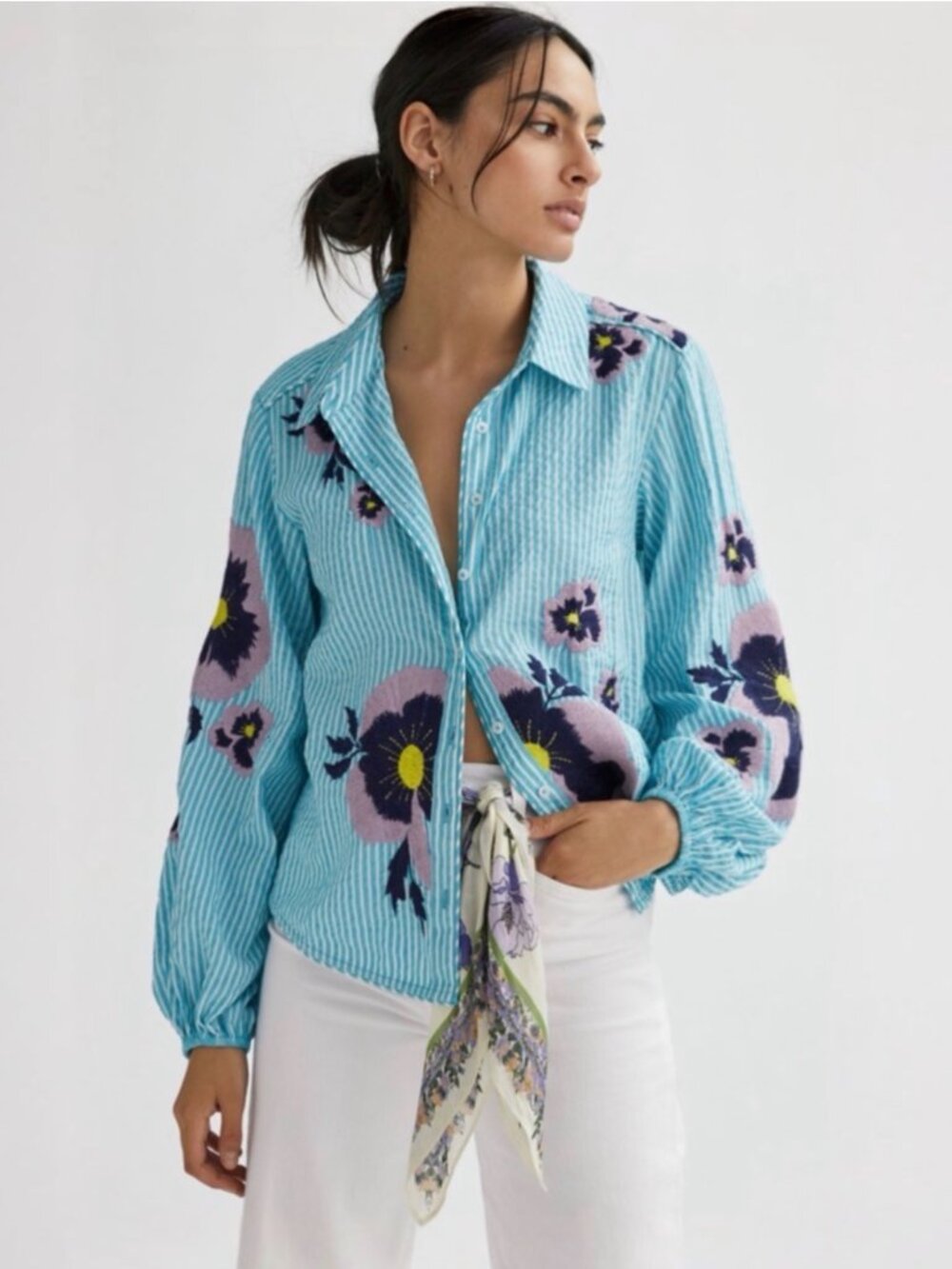 ANTHROPOLOGIE MAEVE PANSY EMBROIDERED STRIPE SHIRT - Picture 4 of 9